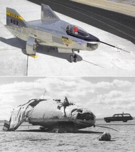 Top: A NASA experimental jet with short wings sits on a runway. Bottom: The same aircraft is shown crashed and badly damaged on a flat desert surface, with a station wagon parked nearby.