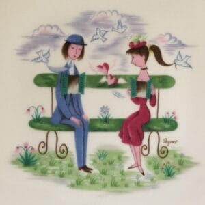 A whimsical illustration of a man and woman sitting on a green bench. Shutters in their chests have been thrown open, letting their hearts escape to fly out and mingle between them as white doves fly around them, with clouds and grass in the background, giving a romantic, playful feel.