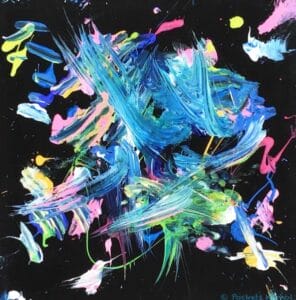 Abstract painting on a black background featuring bold, energetic strokes in blue, green, pink, yellow, and white, with splashes and dashes of bright colors creating a vibrant, dynamic composition.