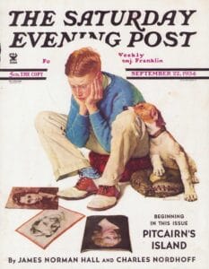 A red-haired boy sits on the floor, looking thoughtfully at magazines with celebrity faces. A dog rests its head on his knee. The cover reads “The Saturday Evening Post,” dated September 22, 1934.