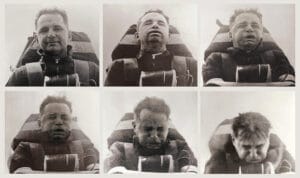 A sequence of six black-and-white photos shows Stapp strapped in a seat, his facial expressions changing dramatically as he experiences increased g-forces during a high-acceleration experiment.