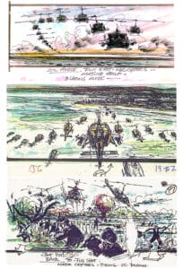 Three storyboard panels depict a helicopter attack scene: helicopters flying low over water, advancing toward land, with soldiers and smoke visible, illustrated in colorful, sketchy lines with handwritten notes.