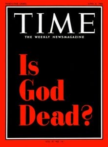 TIME Magazine cover from April 8, 1966, featuring a black background with the headline “Is God Dead?” in large red letters. The border is red, and the magazine title is at the top in white.