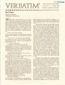 A page from the literary magazine Verbatim, featuring the article Red Pants by Robert M. Sebastian. The page includes a decorative title and two columns of dense text, with a small heading and publication details at the top. A rubber stamp imprint at the top identifies its owner: 'RC Cassingham'.